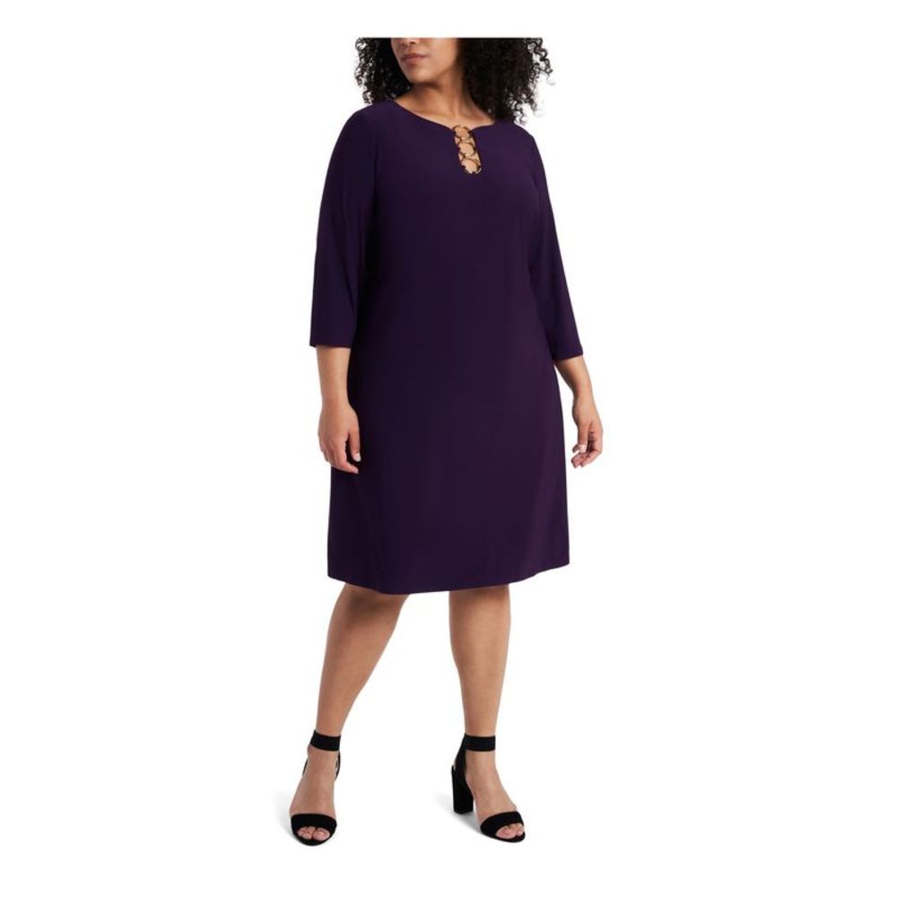 MSK WOMEN Womens Purple 3/4 Sleeve Scoop Neck Short Party Shift Dress Plus 1X